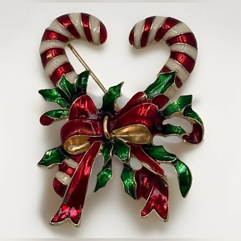 Napier Christmas Double Candy Cane Holly Bow Brooch Pin Gold Tone Enamel 3D